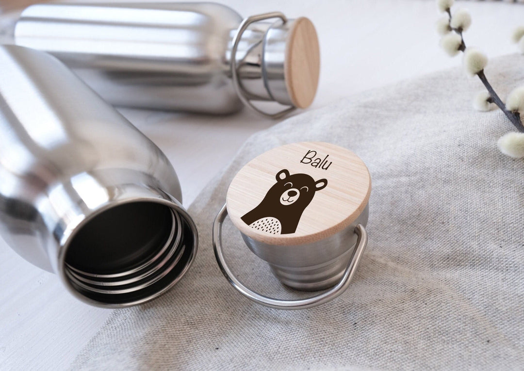 Brotdose und Trinkflasche Set aus Edelstahl und Holzdeckel, personalisierbar - Jellies Design