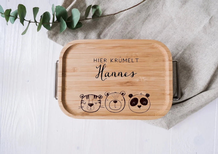 Lunchbox aus Edelstahl mit Holzdeckel "Bärenfreunde" personalisierbar