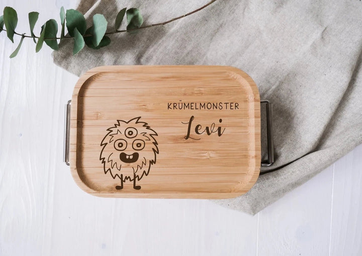 Lunchbox aus Edelstahl mit Holzdeckel "Krümelmonster" personalisierbar