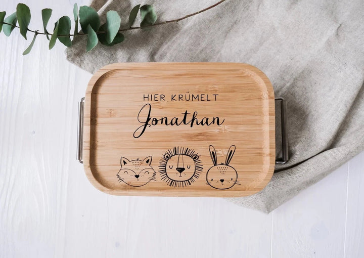 Lunchbox aus Edelstahl mit Holzdeckel "Löwenfreunde" personalisierbar