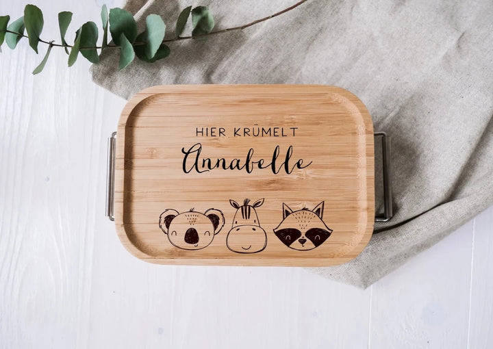 Lunchbox aus Edelstahl mit Holzdeckel "Zebrafreunde" personalisierbar